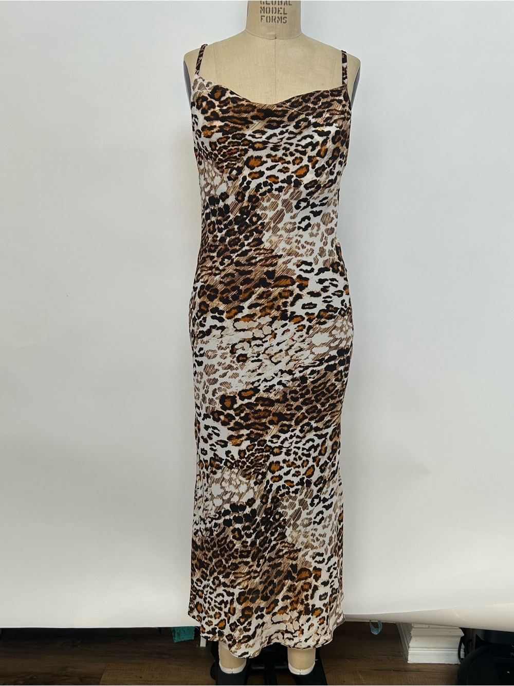 Single Leopard-Print Slip Maxi Dress in Brown and Cream
